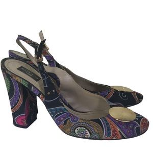 ETRO Milano Paisley Logo Floral Sling Back Block Heel Slide Slipon Shoes Sandals